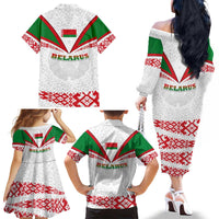 Belarus National Emblem Family Matching Off The Shoulder Long Sleeve Dress and Hawaiian Shirt with Folk Pattern White Green Red Sweatshirt