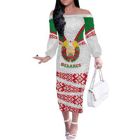 Belarus National Emblem Family Matching Off The Shoulder Long Sleeve Dress and Hawaiian Shirt with Folk Pattern White Green Red Sweatshirt