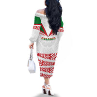 Belarus National Emblem Family Matching Off The Shoulder Long Sleeve Dress and Hawaiian Shirt with Folk Pattern White Green Red Sweatshirt