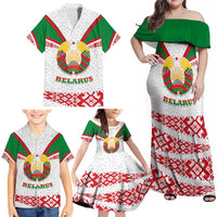 Belarus National Emblem Family Matching Off Shoulder Maxi Dress and Hawaiian Shirt with Folk Pattern White Green Red Sweatshirt
