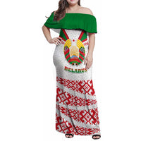 Belarus National Emblem Family Matching Off Shoulder Maxi Dress and Hawaiian Shirt with Folk Pattern White Green Red Sweatshirt