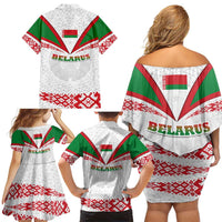 Belarus National Emblem Family Matching Off Shoulder Short Dress and Hawaiian Shirt with Folk Pattern White Green Red Sweatshirt