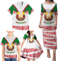 Belarus National Emblem Family Matching Puletasi and Hawaiian Shirt with Folk Pattern White Green Red Sweatshirt