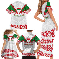 Belarus National Emblem Family Matching Short Sleeve Bodycon Dress and Hawaiian Shirt with Folk Pattern White Green Red Sweatshirt