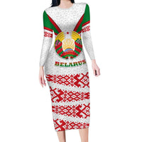 Belarus National Emblem Long Sleeve Bodycon Dress with Folk Pattern White Green Red Sweatshirt