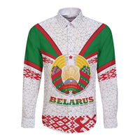 Belarus National Emblem Long Sleeve Button Shirt with Folk Pattern White Green Red Sweatshirt