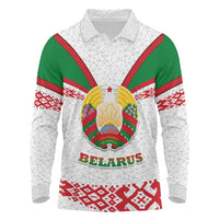 Belarus National Emblem Long Sleeve Polo Shirt with Folk Pattern White Green Red Sweatshirt