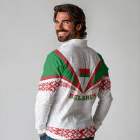 Belarus National Emblem Long Sleeve Polo Shirt with Folk Pattern White Green Red Sweatshirt
