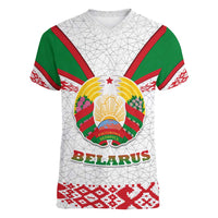 Belarus National Emblem Women V-Neck T-Shirt with Folk Pattern White Green Red Sweatshirt