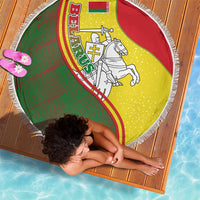 Belarus Pahonia Knight Crest Beach Blanket with Red Green Yellow Folk Pattern Design