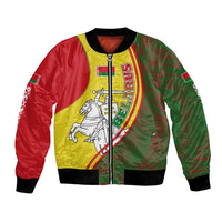 Belarus Pahonia Knight Crest Bomber Jacket with Red Green Yellow Folk Pattern Design