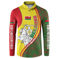 Belarus Pahonia Knight Crest Button Sweatshirt with Red Green Yellow Folk Pattern Design