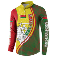 Belarus Pahonia Knight Crest Button Sweatshirt with Red Green Yellow Folk Pattern Design