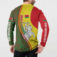 Belarus Pahonia Knight Crest Button Sweatshirt with Red Green Yellow Folk Pattern Design