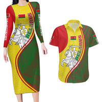 Belarus Pahonia Knight Crest Couples Matching Long Sleeve Bodycon Dress and Hawaiian Shirt with Red Green Yellow Folk Pattern Design