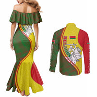 Belarus Pahonia Knight Crest Couples Matching Mermaid Dress and Long Sleeve Button Shirt with Red Green Yellow Folk Pattern Design
