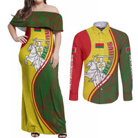 Belarus Pahonia Knight Crest Couples Matching Off Shoulder Maxi Dress and Long Sleeve Button Shirt with Red Green Yellow Folk Pattern Design