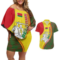 Belarus Pahonia Knight Crest Couples Matching Off Shoulder Short Dress and Hawaiian Shirt with Red Green Yellow Folk Pattern Design