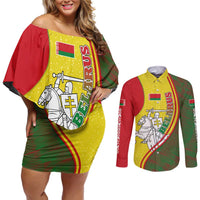 Belarus Pahonia Knight Crest Couples Matching Off Shoulder Short Dress and Long Sleeve Button Shirt with Red Green Yellow Folk Pattern Design