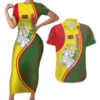 Belarus Pahonia Knight Crest Couples Matching Short Sleeve Bodycon Dress and Hawaiian Shirt with Red Green Yellow Folk Pattern Design