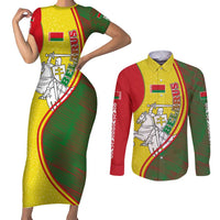 Belarus Pahonia Knight Crest Couples Matching Short Sleeve Bodycon Dress and Long Sleeve Button Shirt with Red Green Yellow Folk Pattern Design