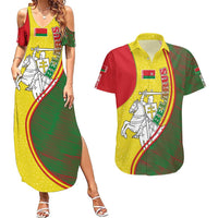 Belarus Pahonia Knight Crest Couples Matching Summer Maxi Dress and Hawaiian Shirt with Red Green Yellow Folk Pattern Design
