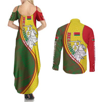 Belarus Pahonia Knight Crest Couples Matching Summer Maxi Dress and Long Sleeve Button Shirt with Red Green Yellow Folk Pattern Design
