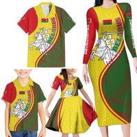 Belarus Pahonia Knight Crest Family Matching Long Sleeve Bodycon Dress and Hawaiian Shirt with Red Green Yellow Folk Pattern Design