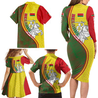 Belarus Pahonia Knight Crest Family Matching Long Sleeve Bodycon Dress and Hawaiian Shirt with Red Green Yellow Folk Pattern Design