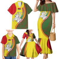 Belarus Pahonia Knight Crest Family Matching Mermaid Dress and Hawaiian Shirt with Red Green Yellow Folk Pattern Design