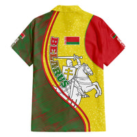 Belarus Pahonia Knight Crest Family Matching Off The Shoulder Long Sleeve Dress and Hawaiian Shirt with Red Green Yellow Folk Pattern Design
