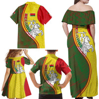 Belarus Pahonia Knight Crest Family Matching Off Shoulder Maxi Dress and Hawaiian Shirt with Red Green Yellow Folk Pattern Design
