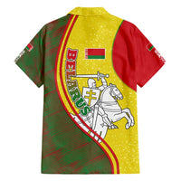 Belarus Pahonia Knight Crest Family Matching Off Shoulder Maxi Dress and Hawaiian Shirt with Red Green Yellow Folk Pattern Design