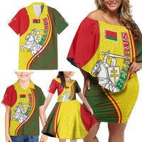 Belarus Pahonia Knight Crest Family Matching Off Shoulder Short Dress and Hawaiian Shirt with Red Green Yellow Folk Pattern Design