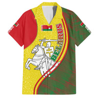 Belarus Pahonia Knight Crest Family Matching Off Shoulder Short Dress and Hawaiian Shirt with Red Green Yellow Folk Pattern Design