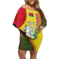 Belarus Pahonia Knight Crest Family Matching Off Shoulder Short Dress and Hawaiian Shirt with Red Green Yellow Folk Pattern Design