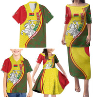 Belarus Pahonia Knight Crest Family Matching Puletasi and Hawaiian Shirt with Red Green Yellow Folk Pattern Design