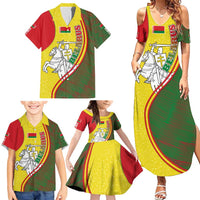 Belarus Pahonia Knight Crest Family Matching Summer Maxi Dress and Hawaiian Shirt with Red Green Yellow Folk Pattern Design