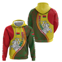 Belarus Pahonia Knight Crest Hoodie with Red Green Yellow Folk Pattern Design