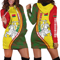 Belarus Pahonia Knight Crest Hoodie Dress with Red Green Yellow Folk Pattern Design