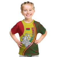 Belarus Pahonia Knight Crest Kid T Shirt with Red Green Yellow Folk Pattern Design