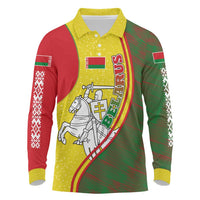 Belarus Pahonia Knight Crest Long Sleeve Polo Shirt with Red Green Yellow Folk Pattern Design