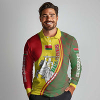 Belarus Pahonia Knight Crest Long Sleeve Polo Shirt with Red Green Yellow Folk Pattern Design