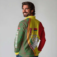 Belarus Pahonia Knight Crest Long Sleeve Polo Shirt with Red Green Yellow Folk Pattern Design