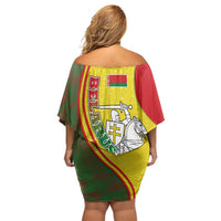 Belarus Pahonia Knight Crest Off Shoulder Short Dress with Red Green Yellow Folk Pattern Design