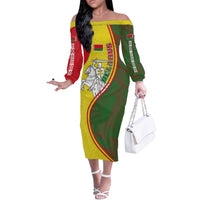 Belarus Pahonia Knight Crest Off The Shoulder Long Sleeve Dress with Red Green Yellow Folk Pattern Design
