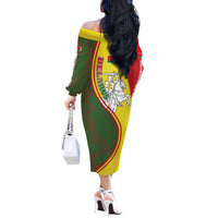 Belarus Pahonia Knight Crest Off The Shoulder Long Sleeve Dress with Red Green Yellow Folk Pattern Design