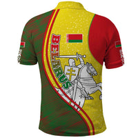 Belarus Pahonia Knight Crest Polo Shirt with Red Green Yellow Folk Pattern Design