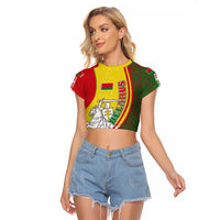 Belarus Pahonia Knight Crest Raglan Cropped T Shirt with Red Green Yellow Folk Pattern Design