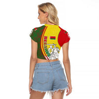 Belarus Pahonia Knight Crest Raglan Cropped T Shirt with Red Green Yellow Folk Pattern Design